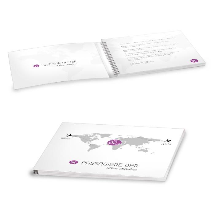 Gästebuch mit Umschlag mit Weltkarte und Flugzeugen in Lila